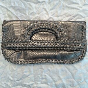 Chic Big Buddha Metallic Clutch with Woven Detail